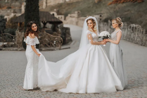 Stilvolle Brautjungfern Haben Spaß Mit Der Braut Der Natur Und — Stockfoto