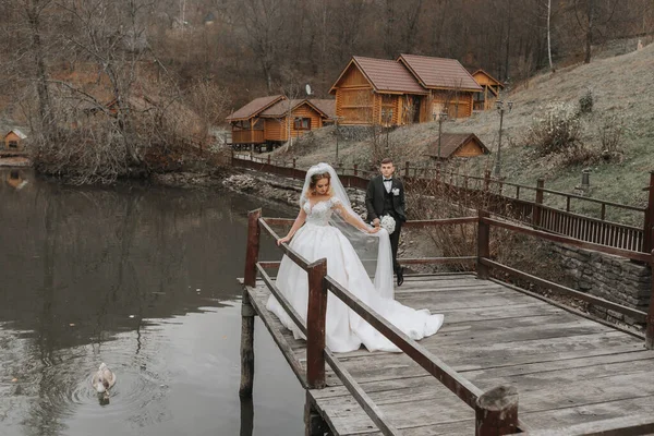 Una Sposa Elegante Abito Lussureggiante Acconciatura Alla Moda Erge Molo — Foto Stock