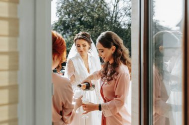 Genç nedimeler pembe ipek bornozlarıyla eğleniyor ve gülümsüyor gelinin çardağında şampanya içiyorlar. Güzel kadınlar bekarlığa veda partisini çardakta ve şampanyayla kutlarlar..