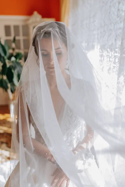 Μια Μελαχρινή Νύφη Λευκό Φόρεμα Κρατά Γαμήλιο Μπουκέτο Της Ποζάρει — Φωτογραφία Αρχείου