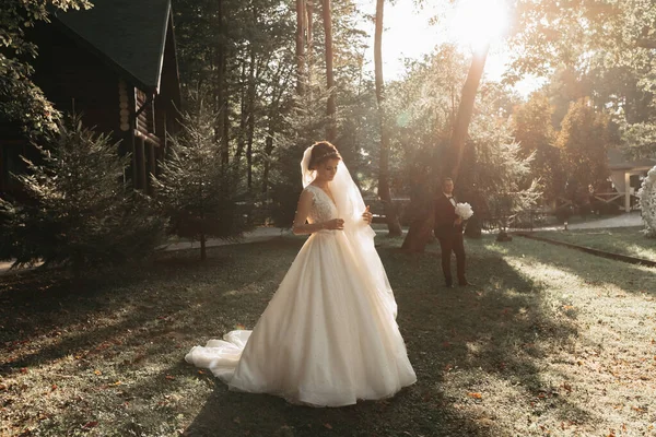 Красива Наречена Весільній Сукні Відкритому Повітрі Лісі — стокове фото