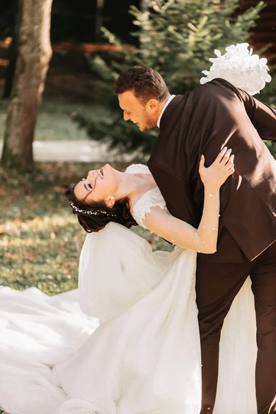 Nanılmaz Gülümseyen Bir Düğün Çifti Güzel Gelin Şık Damat Romantik — Stok fotoğraf