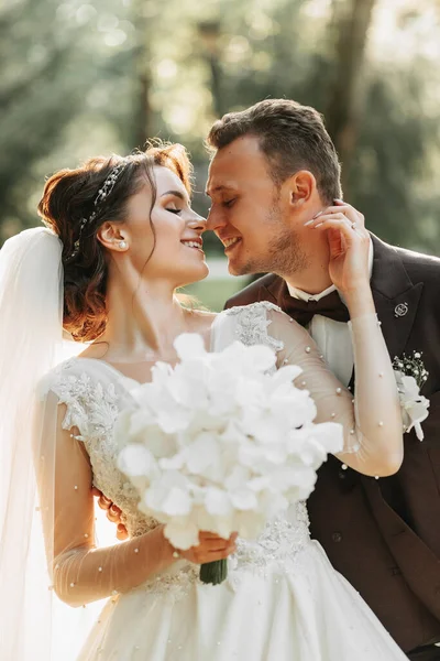 迷人的笑容满面的新婚夫妇美丽的新娘和时髦的新郎 新郎新娘的吻 — 图库照片
