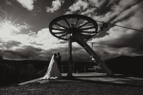 Házaspár Között Hegyek Menyasszony Nézi Vőlegény Ölelés Lány Mosolyog Fehér — Stock Fotó