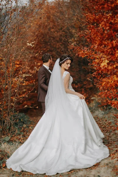 Весільна Пара Прогулянці Осінньому Парку Середній Портрет Місце Тексту — стокове фото