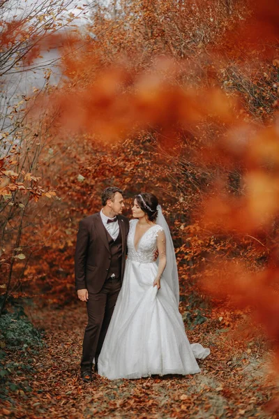 新婚夫妇在秋天的公园散步 中间肖像画 发短信的地方 — 图库照片