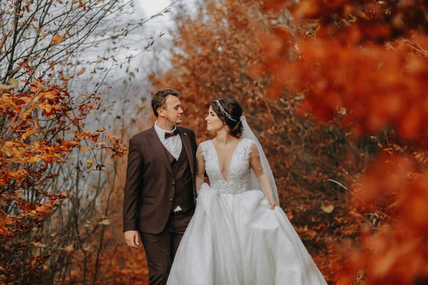 新婚夫妇在秋天的公园散步 中间肖像画 发短信的地方 — 图库照片