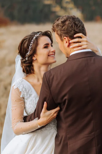 Geweldig Glimlachend Bruidspaar Mooie Bruid Stijlvolle Bruidegom Romantisch Huwelijksmoment Pasgetrouwden — Stockfoto