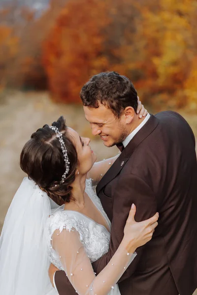 Geweldig Glimlachend Bruidspaar Mooie Bruid Stijlvolle Bruidegom Romantisch Huwelijksmoment Pasgetrouwden — Stockfoto
