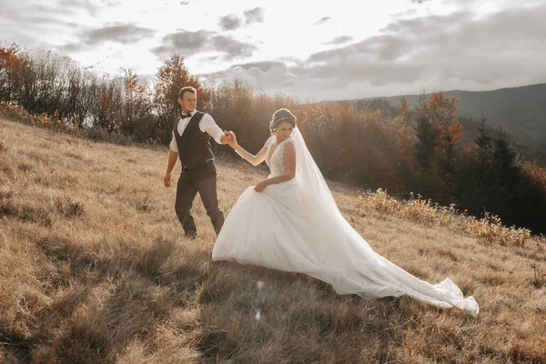 Wedding Couple Walks Mountains Groom Leads Bride Hand Dress Bride — Stock Photo, Image