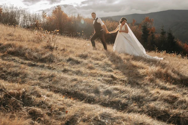 Γάμος Ζευγάρι Περπατά Στα Βουνά Γαμπρός Οδηγεί Νύφη Από Χέρι — Φωτογραφία Αρχείου