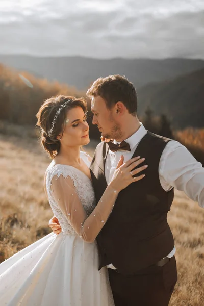 Güzel Dağlarda Poz Veren Mutlu Bir Düğün Çifti — Stok fotoğraf