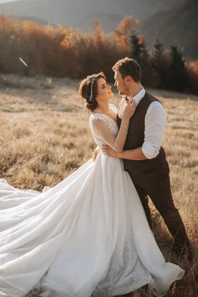 Щаслива Весільна Пара Позує Над Красивим Пейзажем Горах — стокове фото