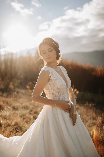 Porträt Der Braut Sanftem Licht Den Bergen Vor Dem Hintergrund — Stockfoto