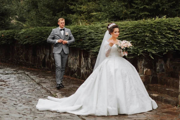 Красивый Жених Очаровательная Невеста Идут Вместе Возле Каменных Заборов Парке — стоковое фото