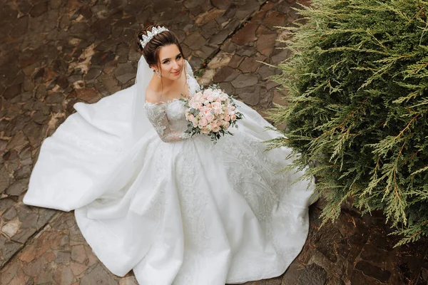 婚纱照新娘穿着厚重的白色衣服 披着长长的面纱 站在花园石径上 从上面看新娘的画像 漂亮的卷发美丽的妆容和头发 — 图库照片