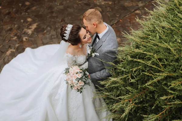 Foto Casamento Noiva Vestido Branco Volumoso Longo Véu Fica Com — Fotografia de Stock