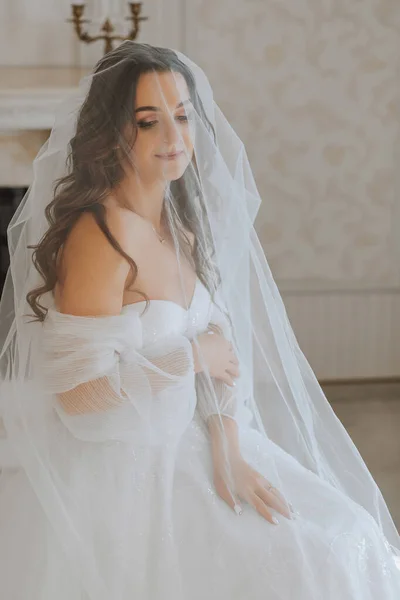 Schöne Und Sanfte Braut Mit Langen Braunen Haaren Unter Einem — Stockfoto