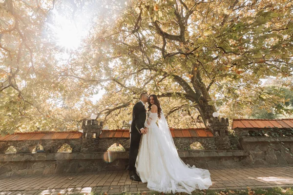 在阳光下 这对年轻貌美的新婚夫妇站在花园里 紧紧相依 男人在寺庙里亲吻着他的女朋友 — 图库照片