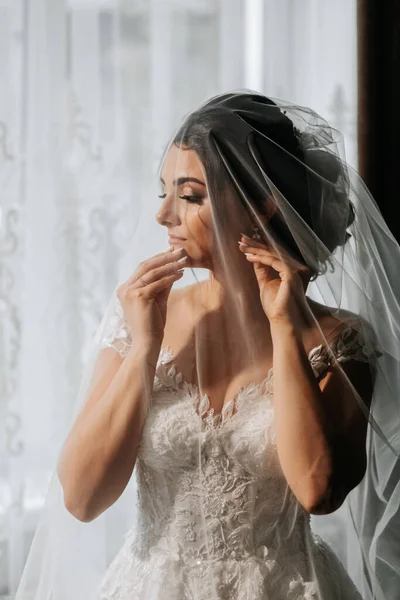 Porträtt Bruden Brudklänning Slöja — Stockfoto