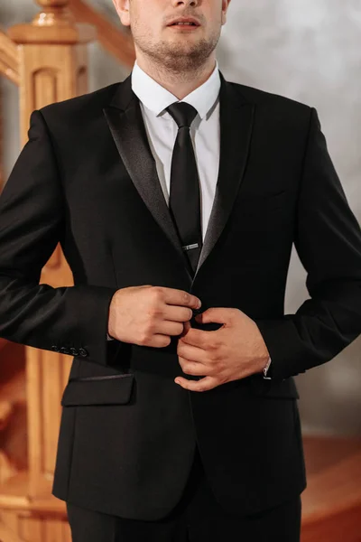 Portrait Adult Man Buttoning Black Jacket His Room Preparation Groom — Stock Photo, Image