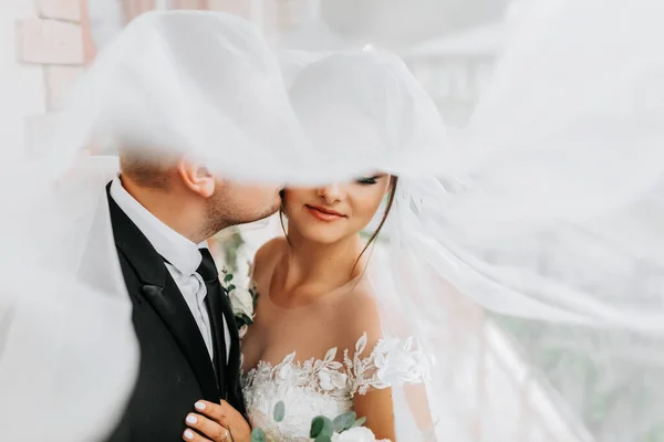 スタイリッシュな新婚ヨーロッパのカップル 白いドレスを着た笑顔の花嫁 新郎は 古典的な黒のスーツ 白いシャツを着て ベールの下に頬に花嫁にキスをします 自然界の結婚式 — ストック写真