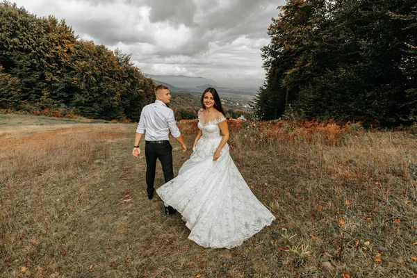 Γαμήλιο Ζευγάρι Που Περπατάει Στα Βουνά Γαμπρός Οδηγεί Νύφη Από — Φωτογραφία Αρχείου