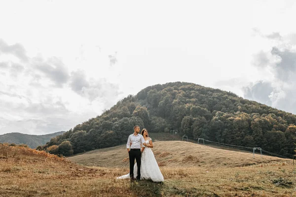 新婚夫妇在一座被树木覆盖的大山的背景下 漫步在群山之中 一张大计划的照片 自由空间 新娘的衣服 — 图库照片