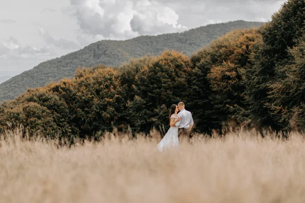 Genç Güzel Bir Çift Gelin Damat Sonbahar Çimlerinde Yüksek Sonbahar — Stok fotoğraf