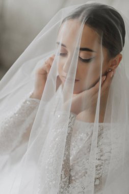 Duvağının altında saç stili ve makyajı olan güzel bir gelinin sanatsal portresi. Nazikçe parmaklarıyla yüzüne dokunur.
