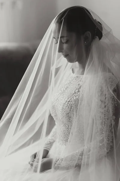 portrait of a beautiful bride with wedding hairstyle and makeup, sitting under a veil. Black and white photo