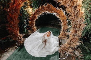 Gelinin portresi. Gelin mısır kulaklarından yapılmış bir kemerin arka planında oturuyor. Elbisenin uzun treni. Gönüllü duvak. Kristal mücevherler. Kırsal biçim