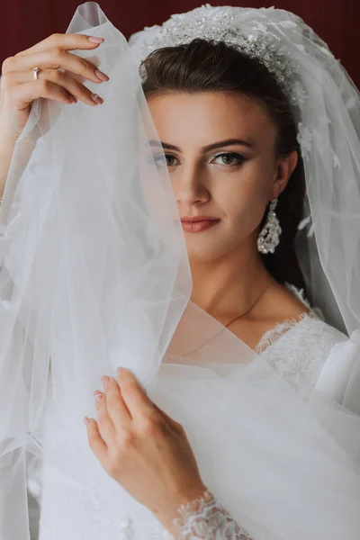 Details Wedding Accessories Brunette Bride Dressed Petticoat Holds Her Veil — Stock Photo, Image