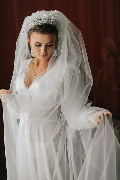 結婚式の付属品 ブルネットの花嫁はペチコートで服を着て 彼女のヴェールを手に握り レンズを見つめている ボリュームベール 美しい手 オープンバスト — ストック写真