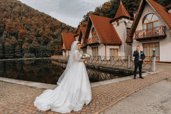 結婚式の肖像画 長いドレスのブルネットの花嫁は 湖と城の背景に対して 彼女のグロムの前に花束が立っています — ストック写真