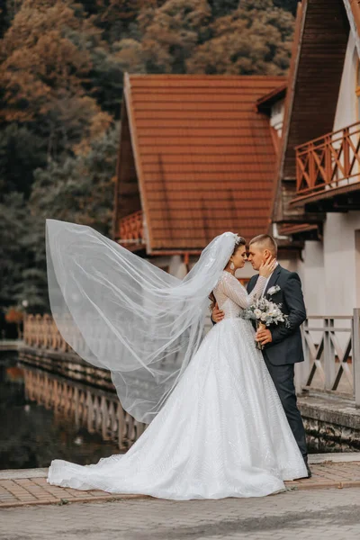 Hochzeitsporträt Eine Brünette Braut Langen Kleid Und Ein Bräutigam Klassischen — Stockfoto
