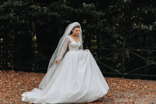 Retrato Noiva Noiva Gira Feliz Segurando Seu Vestido Suas Mãos — Fotografia de Stock