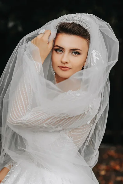 Невеста Сидит Скале Высоко Горах Рядом Большим Камнем Свадебное Платье — стоковое фото
