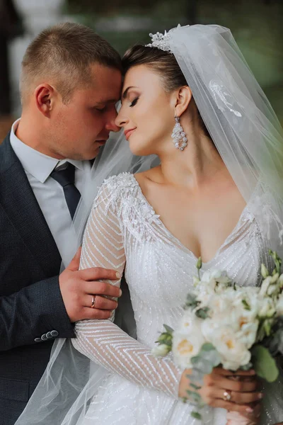 結婚式の肖像画 ロングドレスのブルネットの花嫁とクラシックなスーツの花嫁が立って抱擁し カメラのためにポーズしています 美しい花嫁 レースドレス — ストック写真