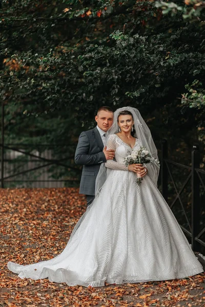 Düğün Portresi Uzun Elbiseli Esmer Bir Gelin Klasik Takım Elbiseli — Stok fotoğraf
