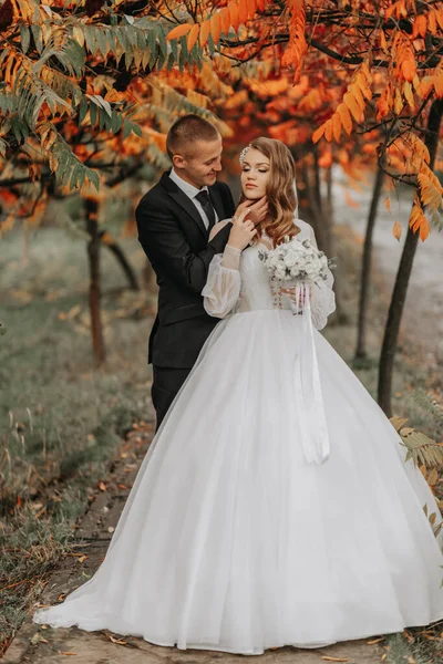Retrato Casal Apaixonado Parque Outono Uma Noiva Loira Vestido Noiva — Fotografia de Stock