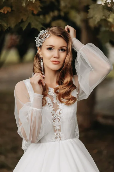 Photo Bride Wedding Dress Sleeves Beautiful Hairstyle Tiara Her Head — Stock Photo, Image