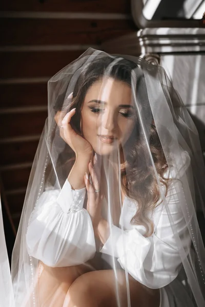 Mariée Prépare Pour Mariage Une Fille Rêveuse Robe Chambre Avec — Photo