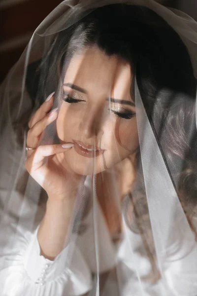 Mariée Prépare Pour Mariage Une Fille Rêveuse Robe Chambre Avec — Photo