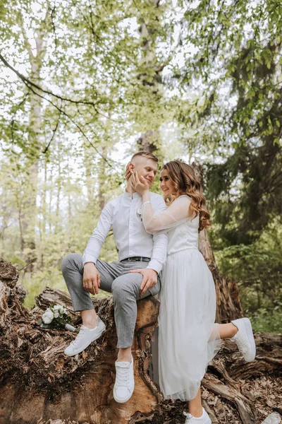 Gentle Embrace Bride Groom Forest Groom Dressed White Shirt Gray — Stock Photo, Image