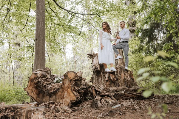 Caminhada Casamento Floresta Noivo Segura Mão Noiva Eles Ficam Grande — Fotografia de Stock