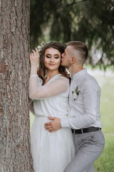 新娘和新郎的画像 一个长头发 头上戴着花环的新娘站在一棵高大的树上 新郎的身后拥抱着她 吻了吻她的脸颊 — 图库照片
