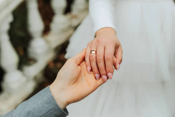 Руки Жениха Невесты Крупным Планом Жених Держит Невесту Руку — стоковое фото