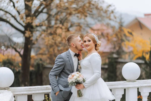 Der Bräutigam Küsst Seine Braut Einem Luxuriösen Garten Zärtlich Auf — Stockfoto
