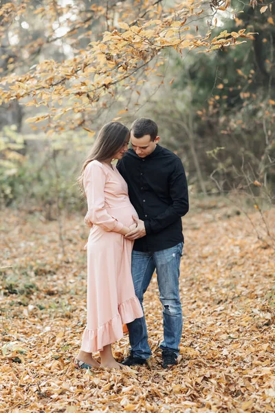 一个快乐的年轻家庭的画像 丈夫和怀孕的妻子 站在秋天森林的美丽光芒的背景下 彼此凝视 — 图库照片